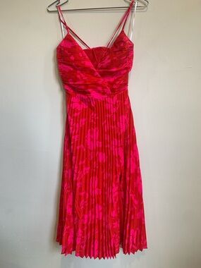 Lulu's Pink and Red Floral Pleated Midi Dress